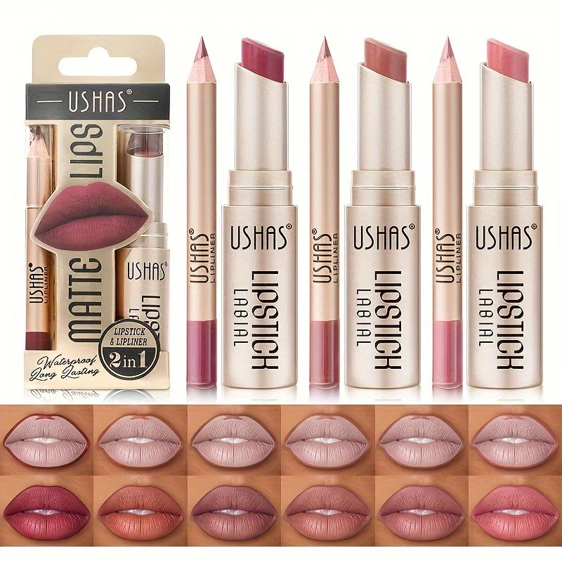 USHAS 12-Color Matte Lipstick & Liner Set - Long-Lasting, Waterproof, Non-Stick