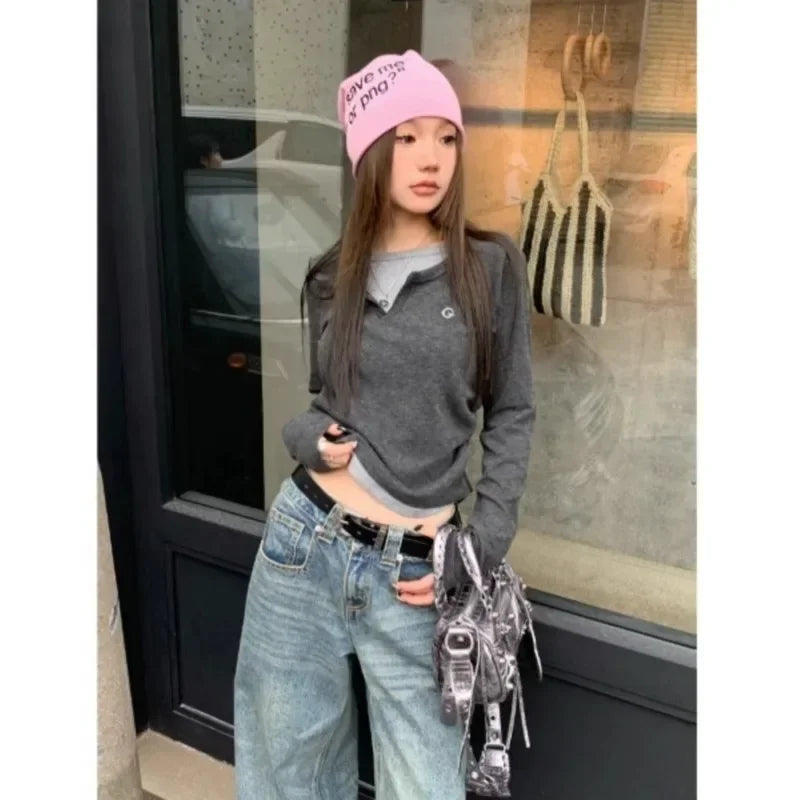 2024 Autumn Winter Long Sleeves Korean Fashion Style O-neck Tshirt For Women Fake two items T-shirts Ladies Top Tee Clothes