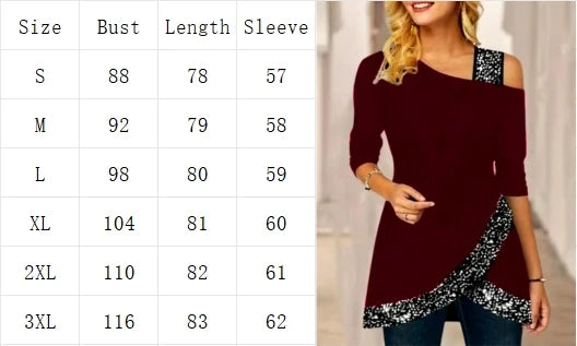 Women's Sexy Off Shoulder Top Autumn Slanted Collar Long Sleeved T Shirt Sequined Solid Color Party Blouse