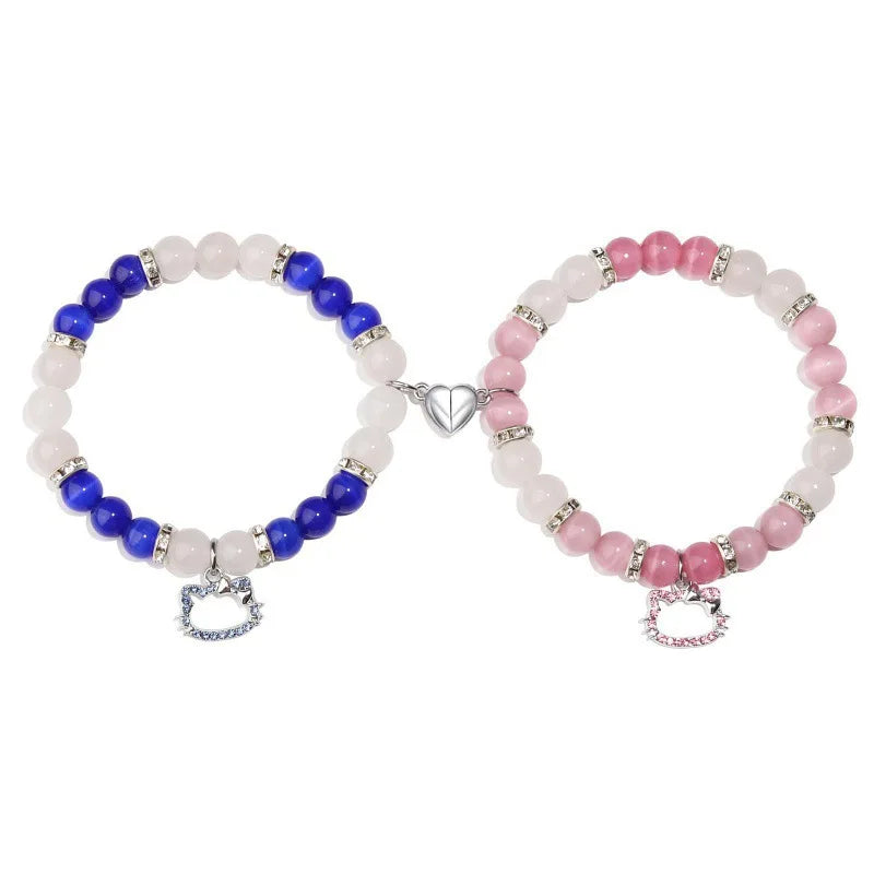 2Pcs/Set Pink Color Hello Cat Beaded Bracelets for Women Heart Magnetic Matching Couple Bracelets Girls Festival Jewelry Gifts