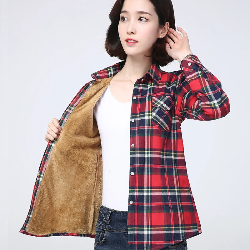 2023 Winter New Plus Thick Women's Warm Plaid Shirt Coat Lady Casual Fleece Velvet Jacket Tops Hot Women Clothes Outerwear