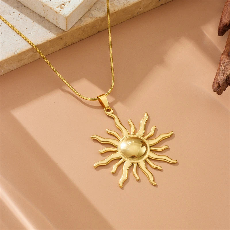 DIEYURO 316L Stainless Steel Golden Fashion Sun Pendant Necklace For Women Girl 2024 New Concise Solar Neck Chain Jewelry Gift