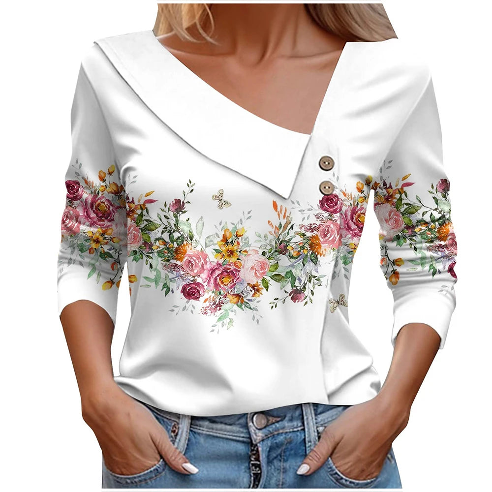 T Shirt For Women Fashion Long Sleeve Top White Floral Print Shirts And Blouses Autumn Winter Clothes For Women