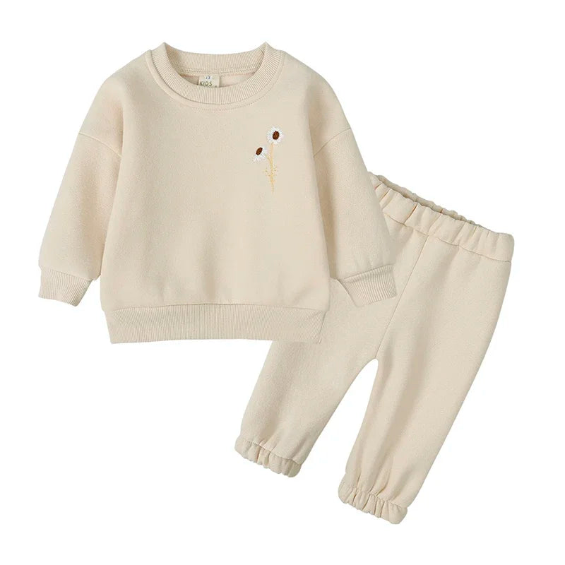 2024 Winter Baby Boy Girl Clothes Sets Thick Fleece Embroidery Flower Sweatshirt+Pants Warm Kid Tracksuit Toddler Unisex Outfit