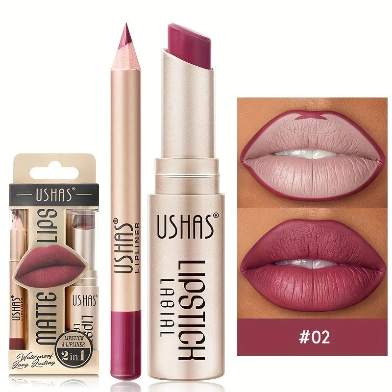 USHAS 12-Color Matte Lipstick & Liner Set - Long-Lasting, Waterproof, Non-Stick