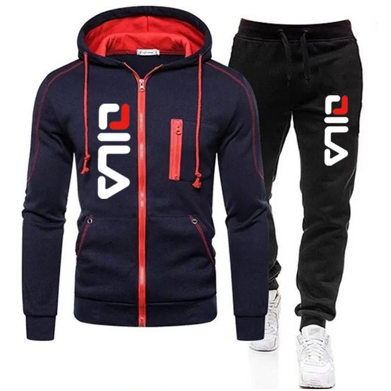 New Solid Men's Zipper jacket Hooded Pullover + Sweatpants Sports Casual Jogger Sportswear 2 Piece Male Fleece Streetwear Sets