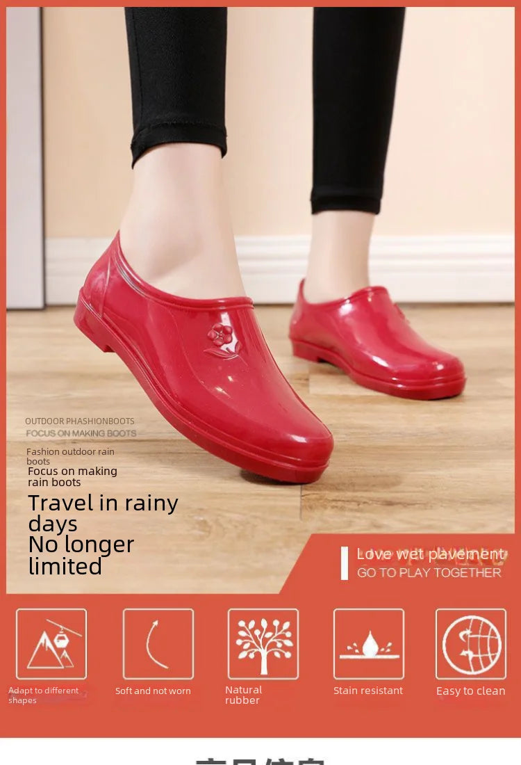 Spring Autumn Four Seasons Waterproof Anti-slip Low Heel Women Rain Boots Tube Light Pocket Kitchen Work Outdoor Rubber Boots