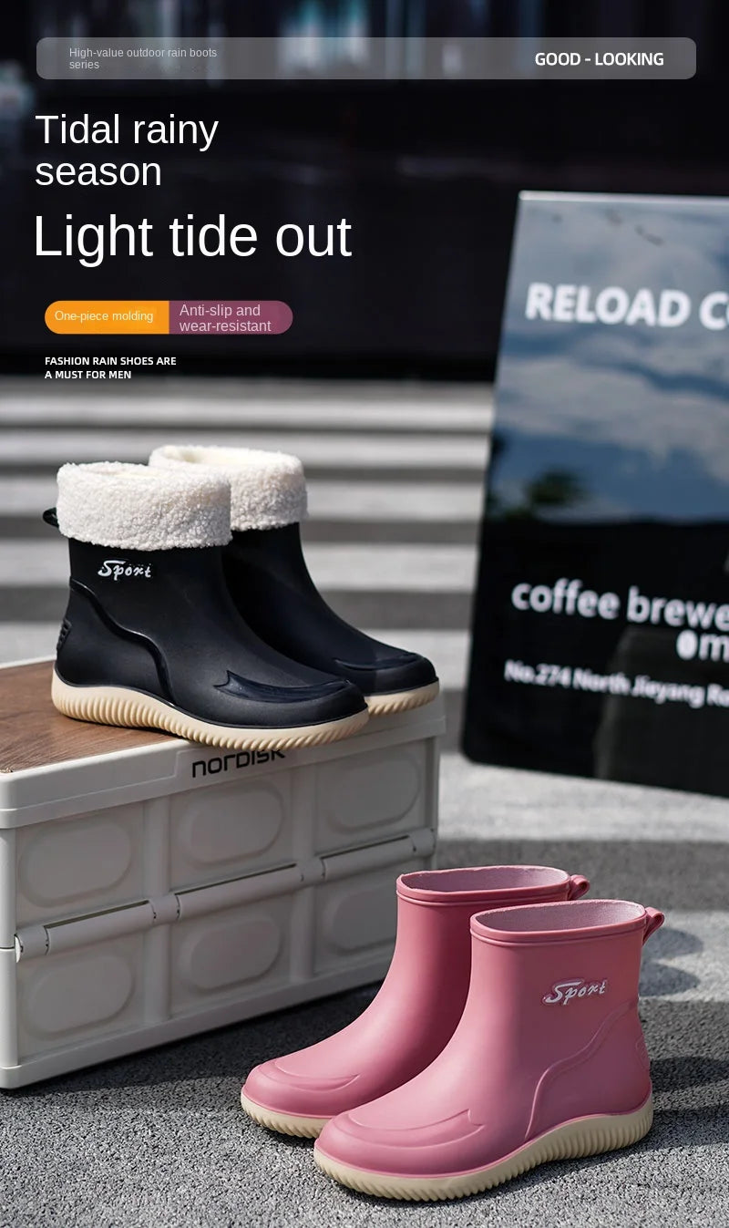 2024 New Women's Rain Shoes Winter Cotton and Velvet Medium Tube Rain Boots Work Non-slip Fashion Rubber Shoes Adult Water Shoes