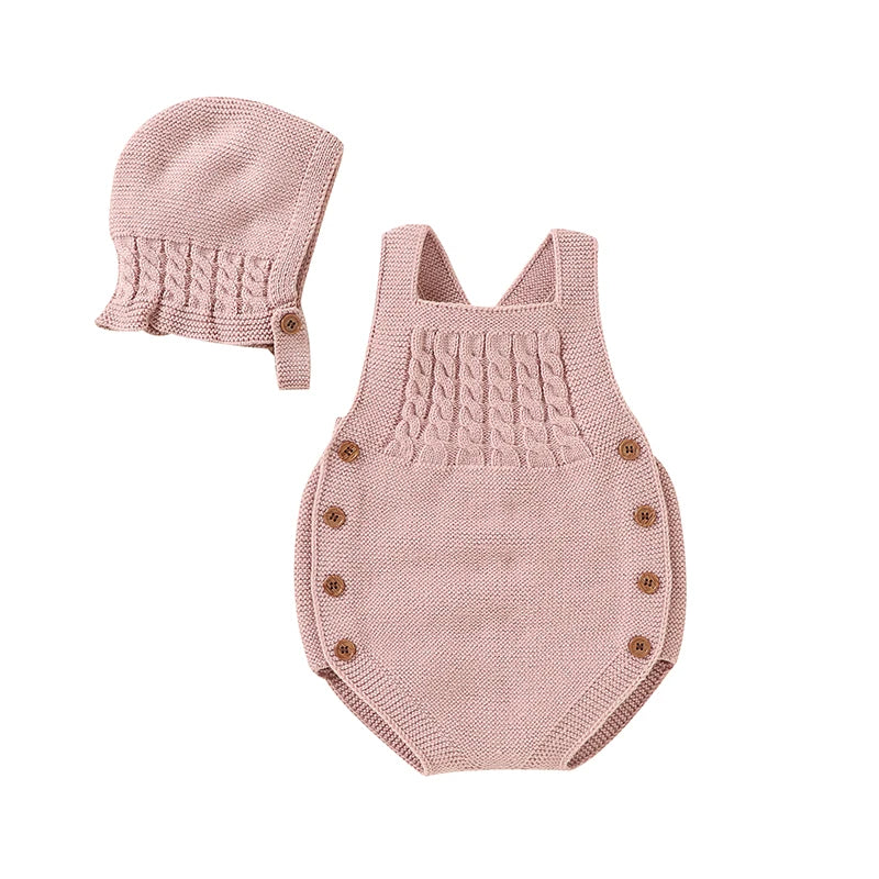 Baby Bodysuits Clothes Spring Autumn Sleeveless Knitting Newborn Boys Girls Solid Onesie Hats Sets 2pcs Infant Coveralls Outfits