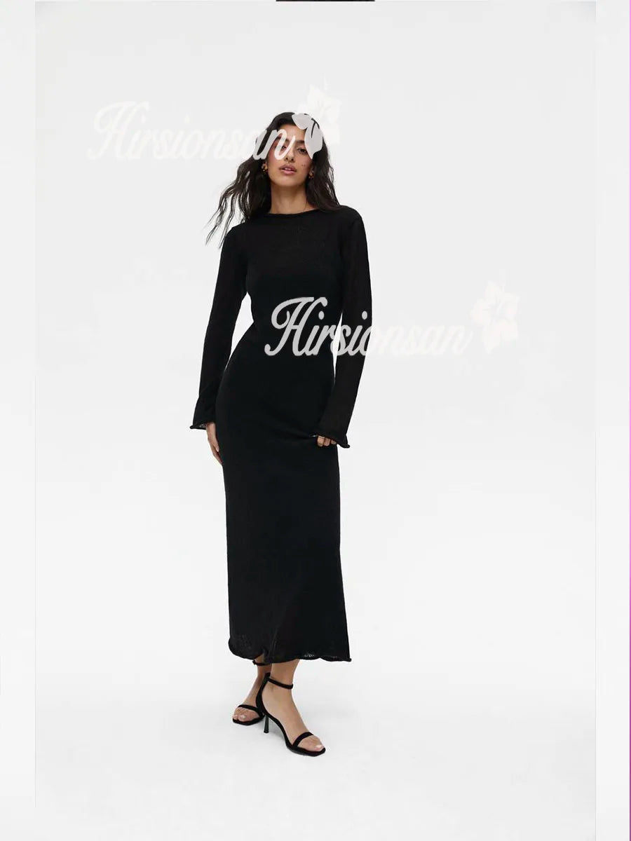 Hirsionsan Spring Autumn O-Neck Elastic Knit Long Dresses Women 2024 Elegant Chic Soft Lady Hollowing Sweater Dresses Femme New