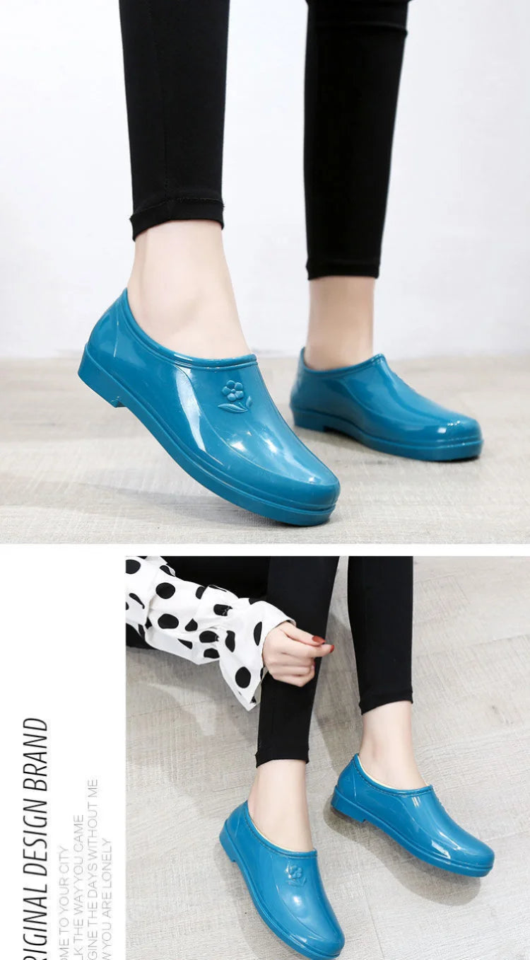 Spring Autumn Four Seasons Waterproof Anti-slip Low Heel Women Rain Boots Tube Light Pocket Kitchen Work Outdoor Rubber Boots