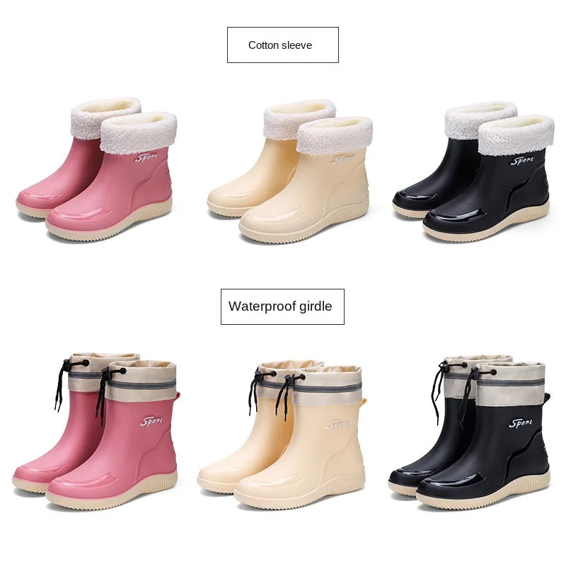 2024 New Women's Rain Shoes Winter Cotton and Velvet Medium Tube Rain Boots Work Non-slip Fashion Rubber Shoes Adult Water Shoes