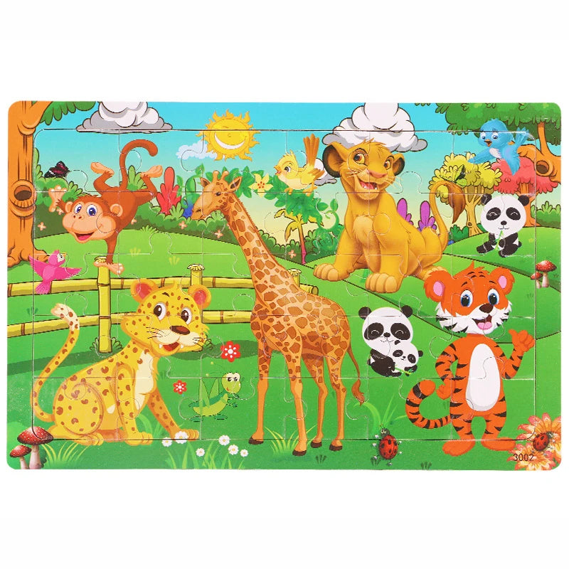 30 Pieces Wooden Jigsaw Puzzle Kids Cartoon Animal Vehicle Puzzles Games Baby Early Learning Educational Toys for Children