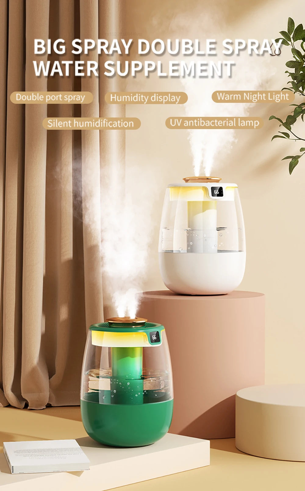 Air Humidifier 1300ML Aroma Humidifier Double Spray Port Essential Oil Diffuser USB Water Humidifier with Light for Home Office