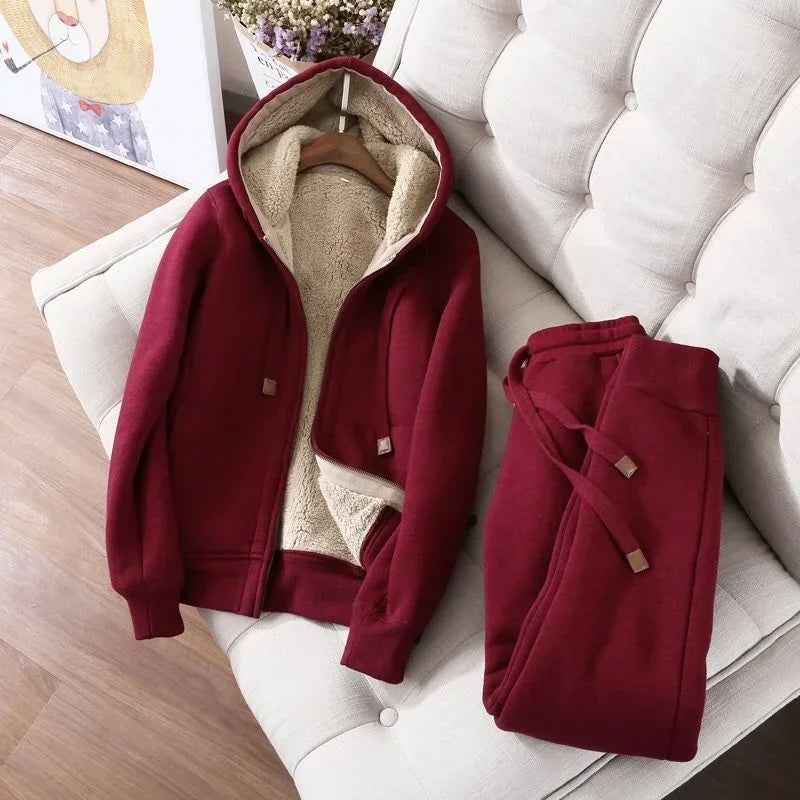 Winter Thicken Fleece Sweatshirts Hoodies Women Two-piece Suit Casual Sports Sets Female Short Coat Straight Pants 2-piece Sets