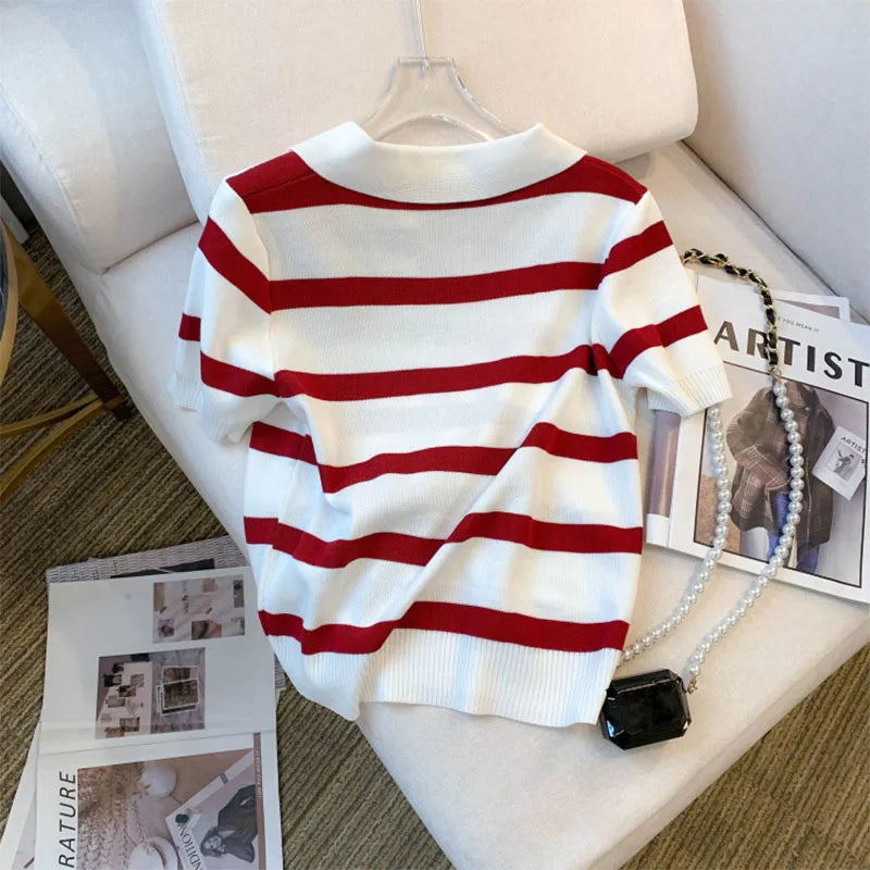 New Striped Pattern Collared Sweater Versatile Short Sleeve Knitted Top For Spring & Summer Women's Clothing Crop Top