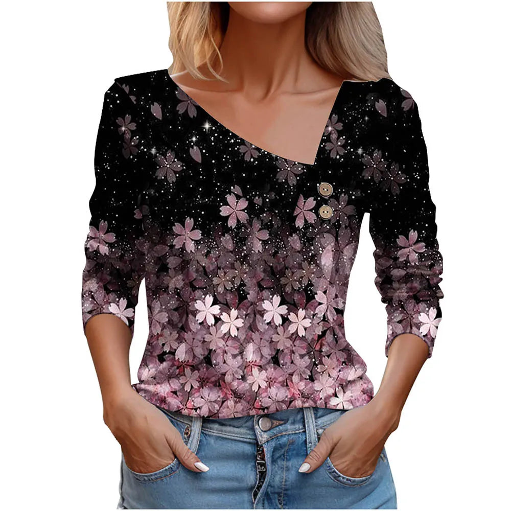 T Shirt For Women Fashion Long Sleeve Top White Floral Print Shirts And Blouses Autumn Winter Clothes For Women