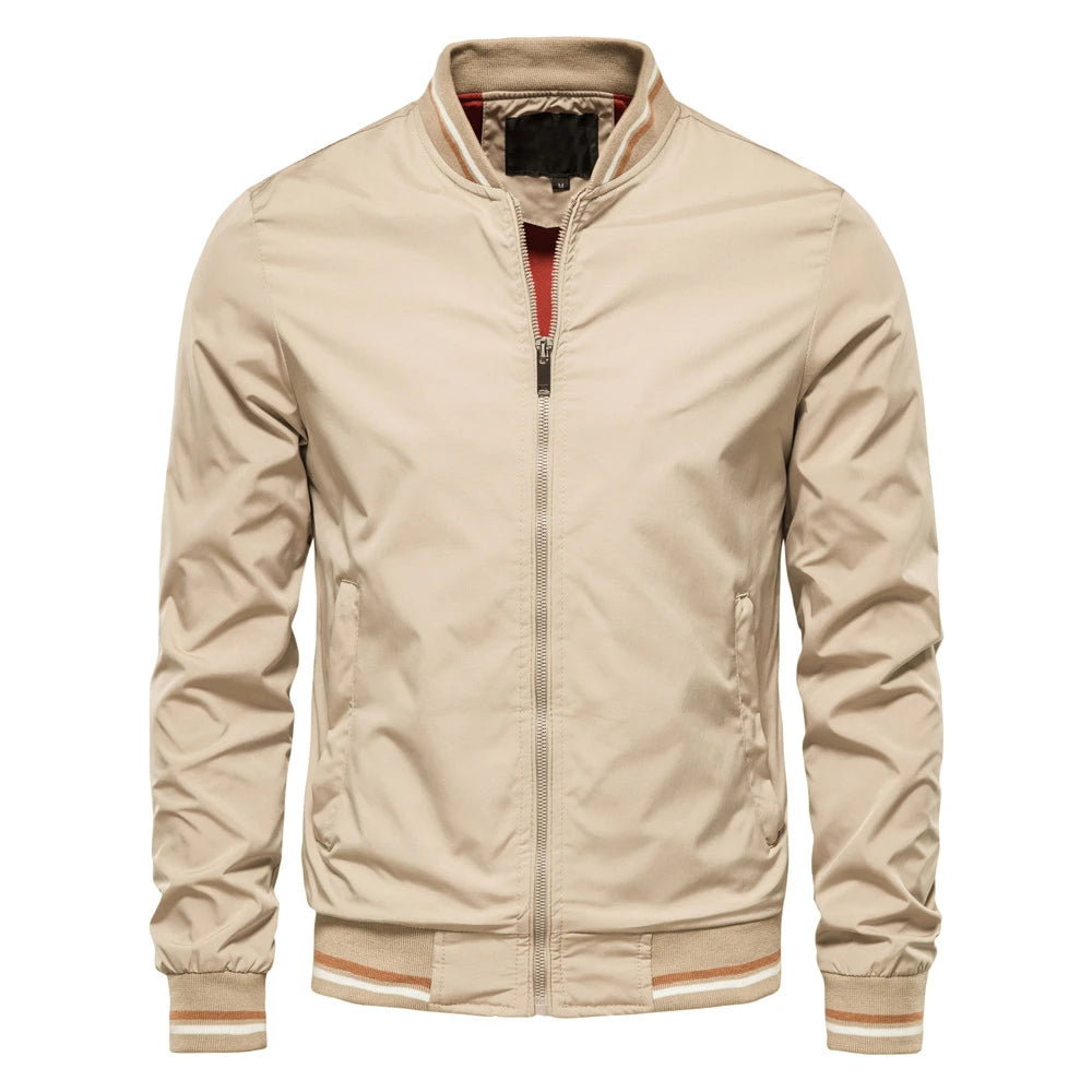 Men's Autumn Bomber Jacket - Solid Color Casual Baseball Style Outerwear