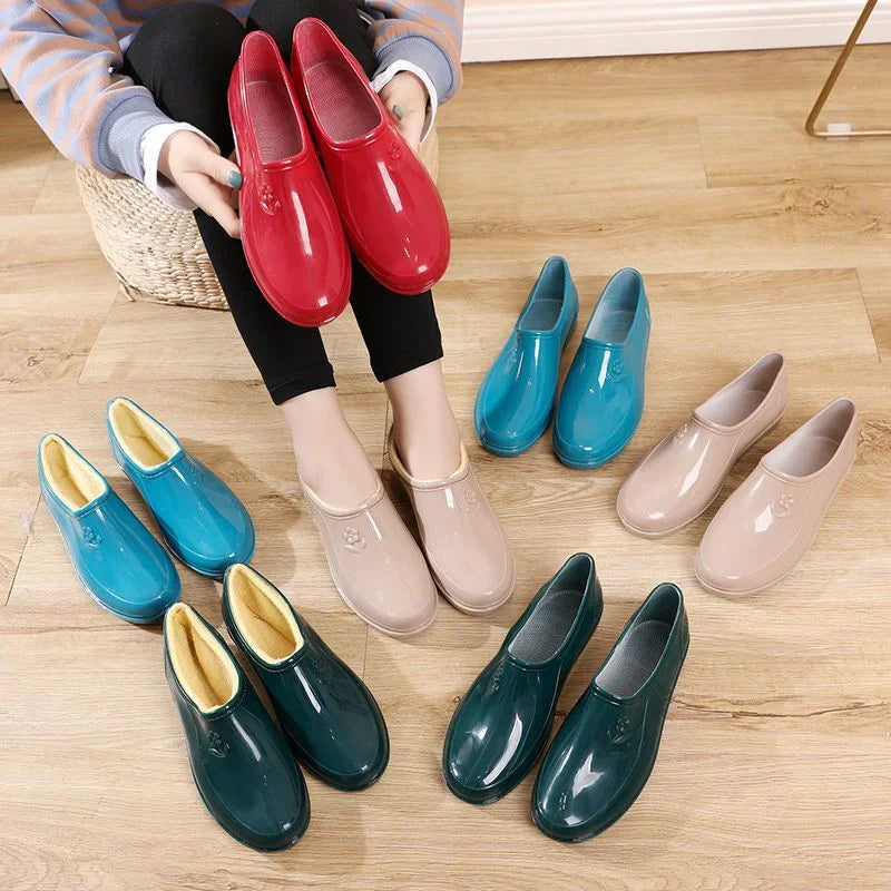 Spring Autumn Four Seasons Waterproof Anti-slip Low Heel Women Rain Boots Tube Light Pocket Kitchen Work Outdoor Rubber Boots