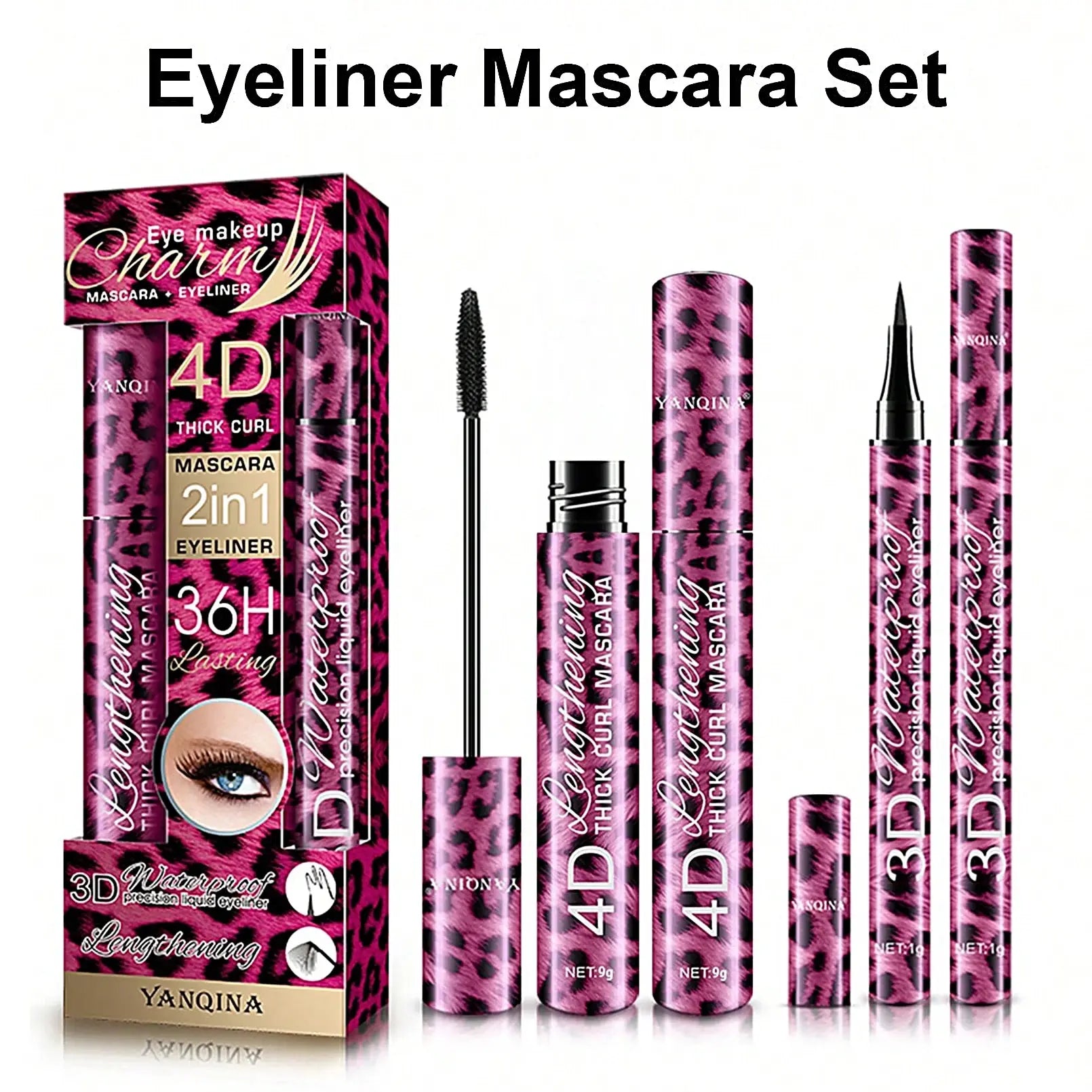 YANQINA 4D Waterproof Eyeliner & Mascara Set - Thick Curl, Eyebrow Pencil Makeup