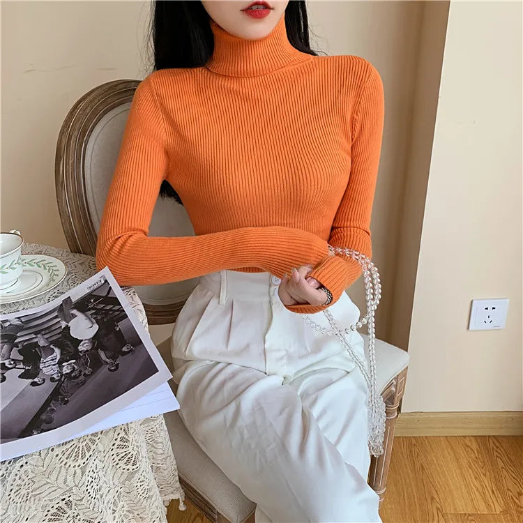 2024 Autumn Winter Women Long Sleeve Knitted Foldover Turtleneck Ribbed Pull Sweater Soft Warm Femme Jumper Pullover Clothes