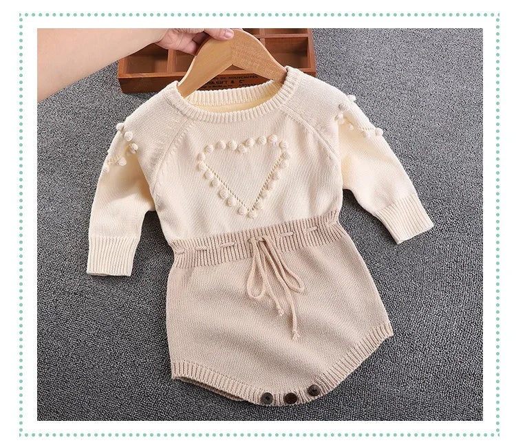 Spring Lovely Heart Jumpsuit Infant Baby Girl Knitted Clothes Love Romper Bodysuit Outfit Autumn Cotton Knitted Sweater Bodysuit