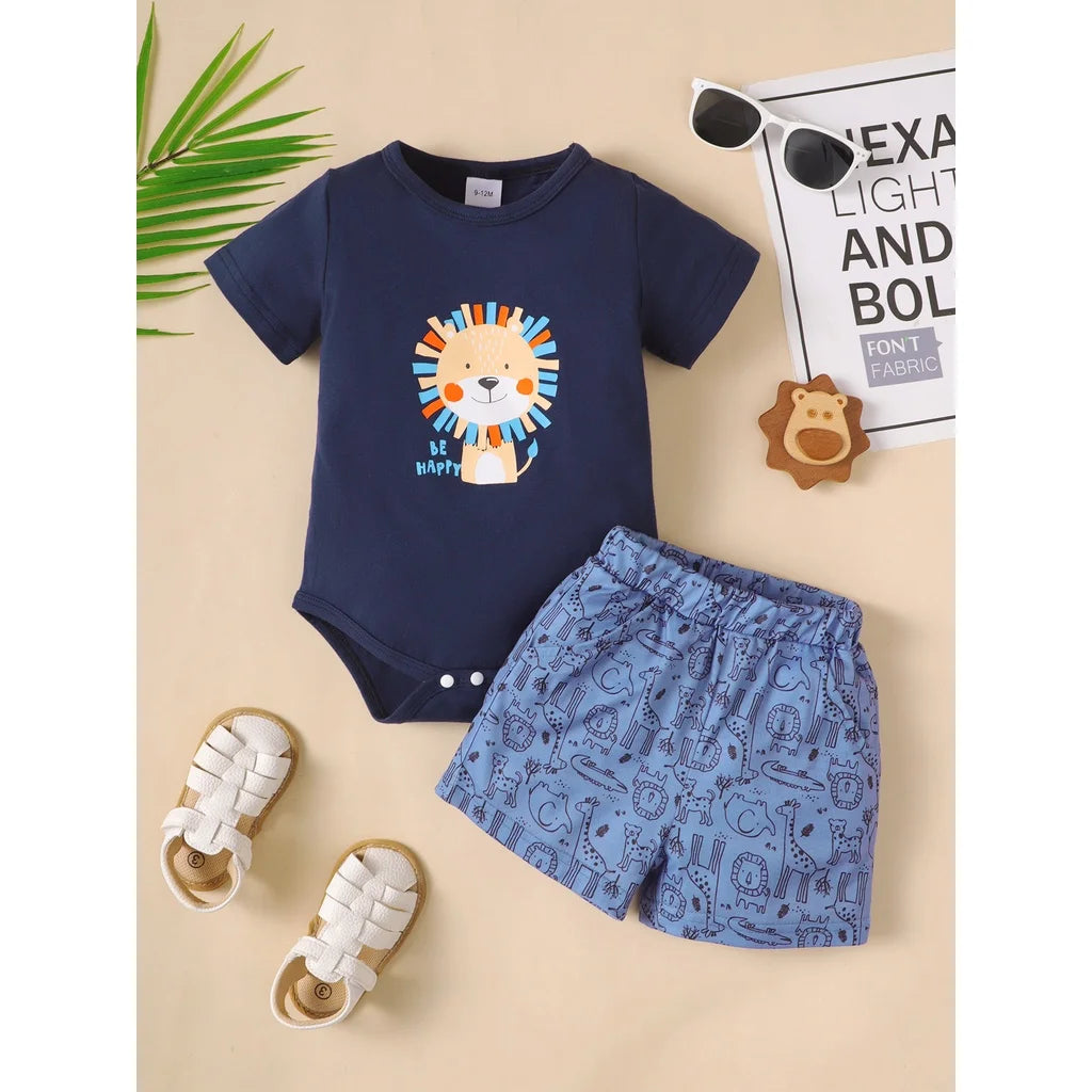 2CPS Summer Baby Boy Clothes Set Cartoon Lion Short Sleeved Bodysuit+Shorts Leisure Home Clothing for Infant Boy 3-18 Months