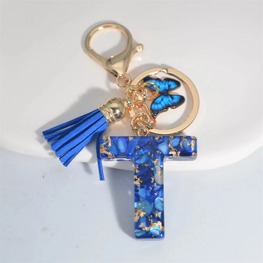 Fashion Blue Glazed Stone A To Z Letter Keychain 26 Initials Alphabet Butterfly Tassel Pendant Car Key Chain Women Jewelry GIfts