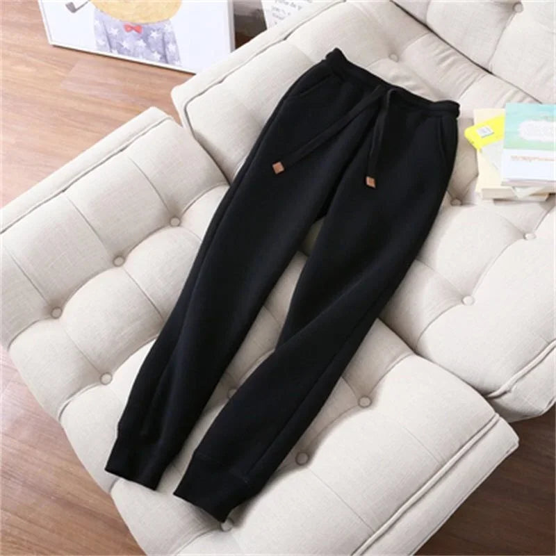 Winter Thicken Fleece Sweatshirts Hoodies Women Two-piece Suit Casual Sports Sets Female Short Coat Straight Pants 2-piece Sets