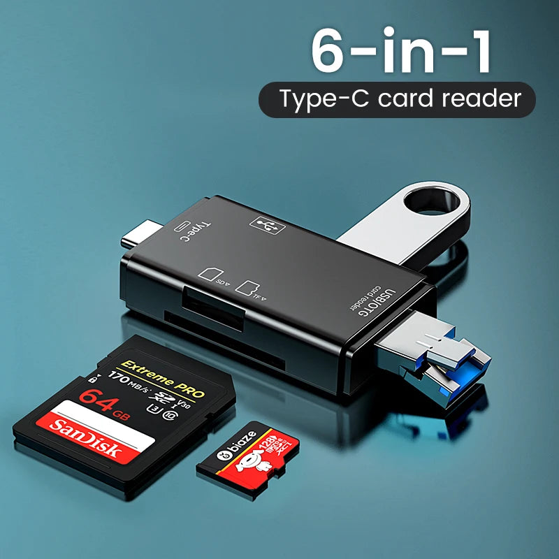 Multifunction 6 in 1 OTG SD Card Reader USB2.0 Type-C/TF/SD Memory Card Smart