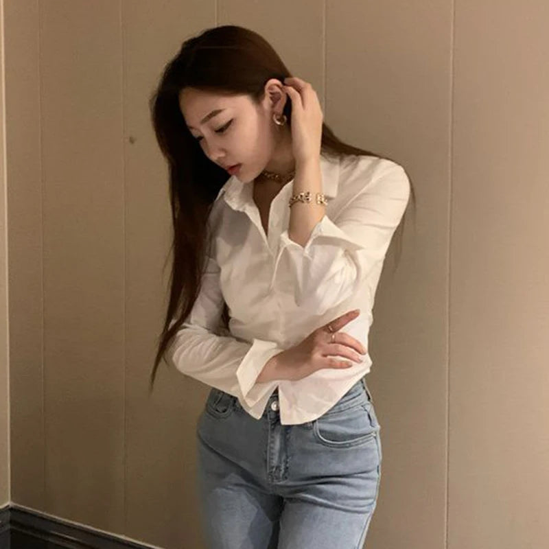 Gidyq Elegant Women Korean Shirts Fashion Streetwear Female Slim Blouse Spring Y2K Casual Office Ladies Sexy Cropped Tops New