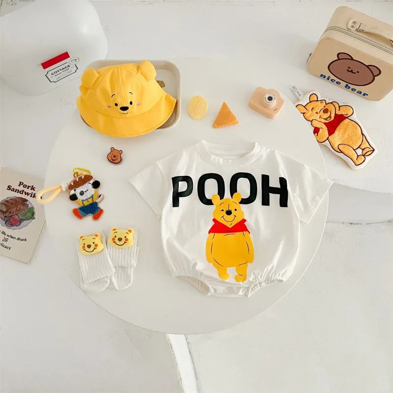 Disney Cartoon Pooh Bear Bodysuits Treasure Bag Fart Clothes Cotton Soft Summer Baby Clothes Newborn Photography Romper K5652