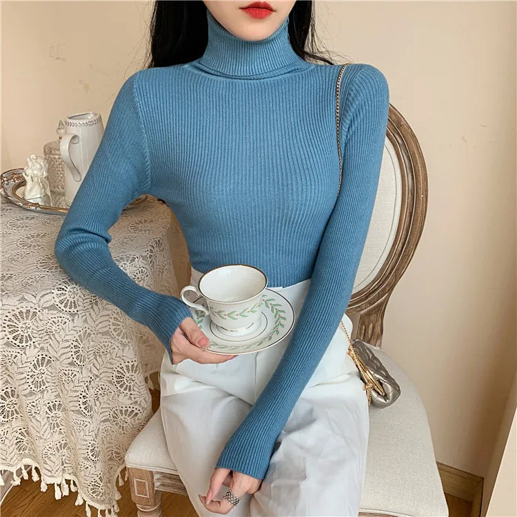 2024 Autumn Winter Women Long Sleeve Knitted Foldover Turtleneck Ribbed Pull Sweater Soft Warm Femme Jumper Pullover Clothes