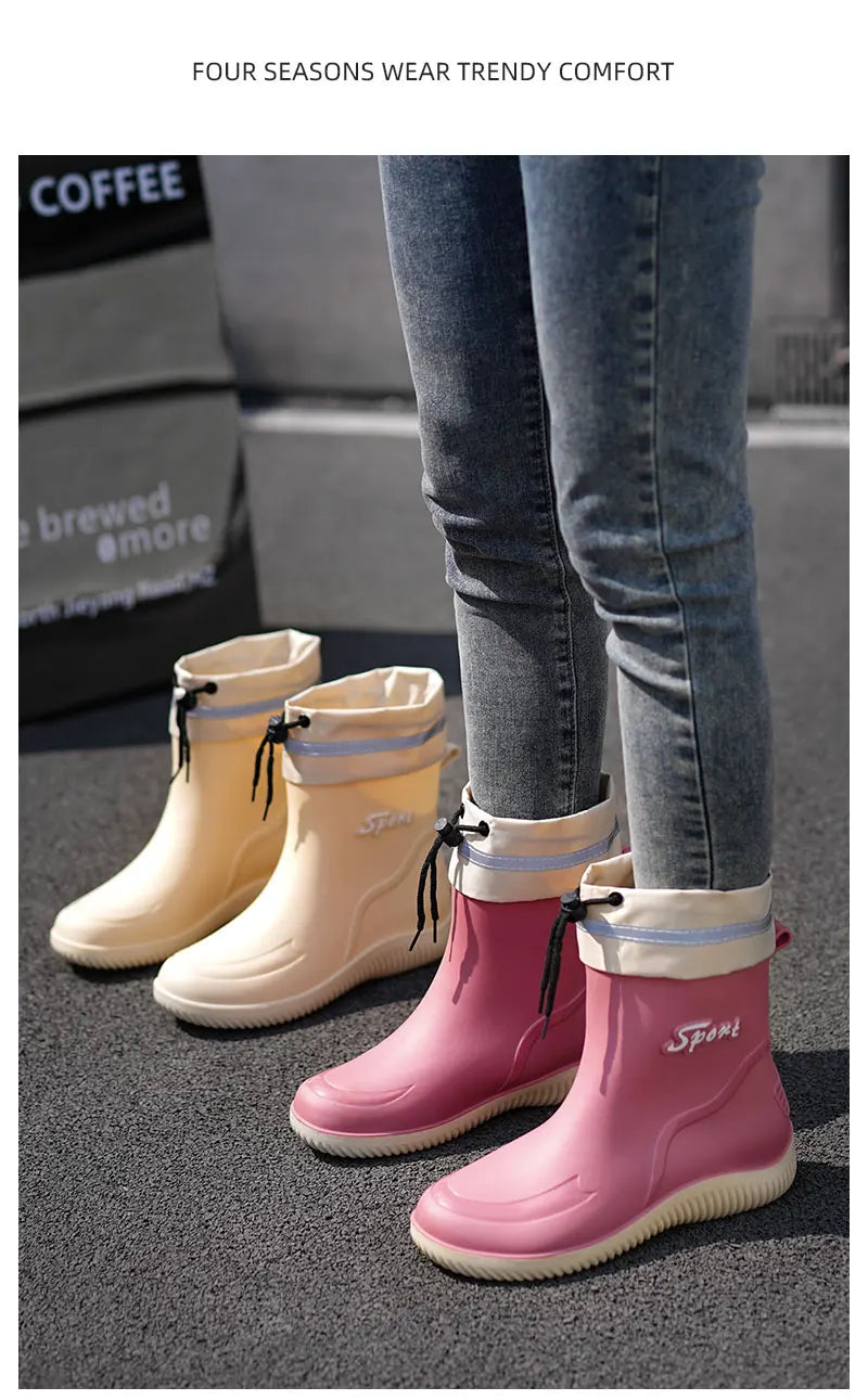 2024 New Women's Rain Shoes Winter Cotton and Velvet Medium Tube Rain Boots Work Non-slip Fashion Rubber Shoes Adult Water Shoes