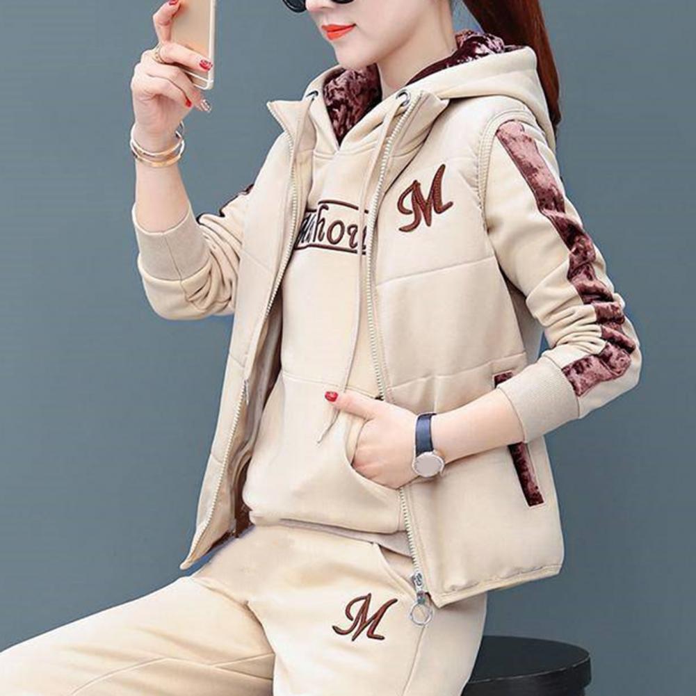 Fashion Warm Three Piece Set Women Outfit 2022 Fall Winter Thicken Tracksuit Casual Waistcoat + Hoodies + Pant Female Sweat Suit