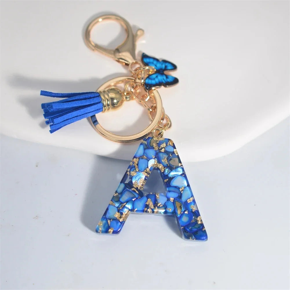 Fashion Blue Glazed Stone A To Z Letter Keychain 26 Initials Alphabet Butterfly Tassel Pendant Car Key Chain Women Jewelry GIfts