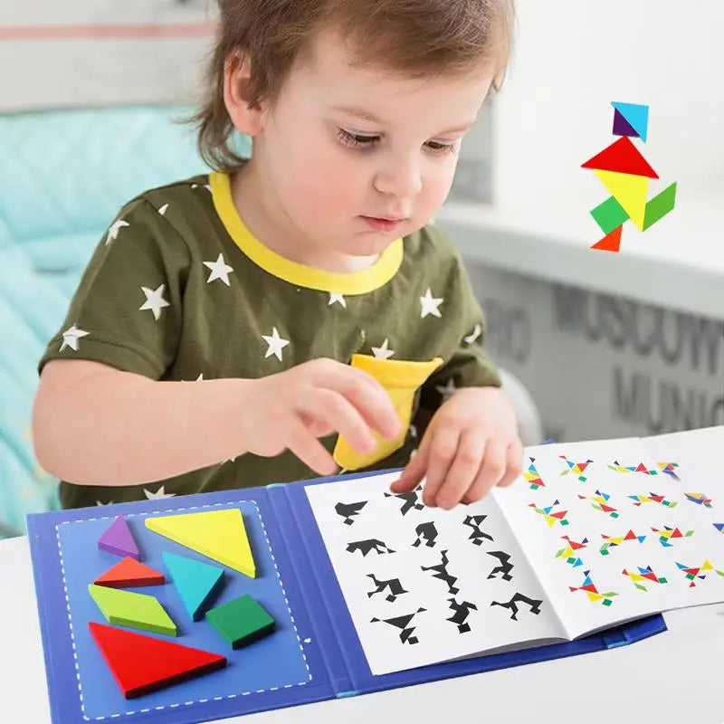 Wooden Jigsaw Magnetic Tangram Puzzle Book Educational Toys For Children Baby Kid Portable Montessori Learning Intelligence