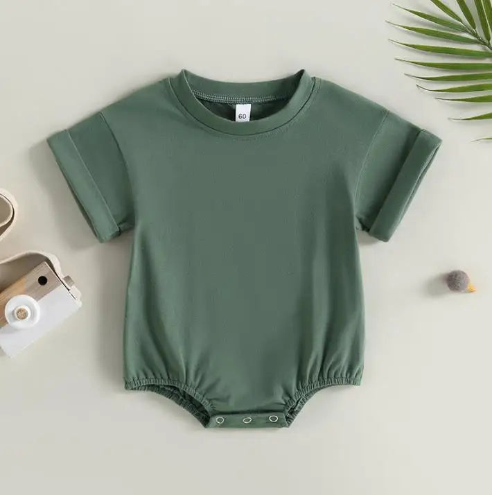 Unisex Baby Boy Girl Solid Color Short Sleeve Bubble Romper Oversized T-Shirt Bodysuit Top Summer Baby Jumpsuits Clothes