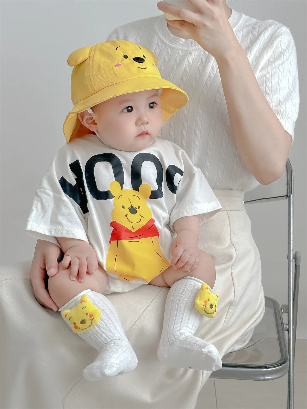 Disney Cartoon Pooh Bear Bodysuits Treasure Bag Fart Clothes Cotton Soft Summer Baby Clothes Newborn Photography Romper K5652