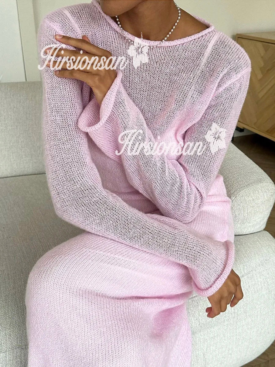 Hirsionsan Spring Autumn O-Neck Elastic Knit Long Dresses Women 2024 Elegant Chic Soft Lady Hollowing Sweater Dresses Femme New