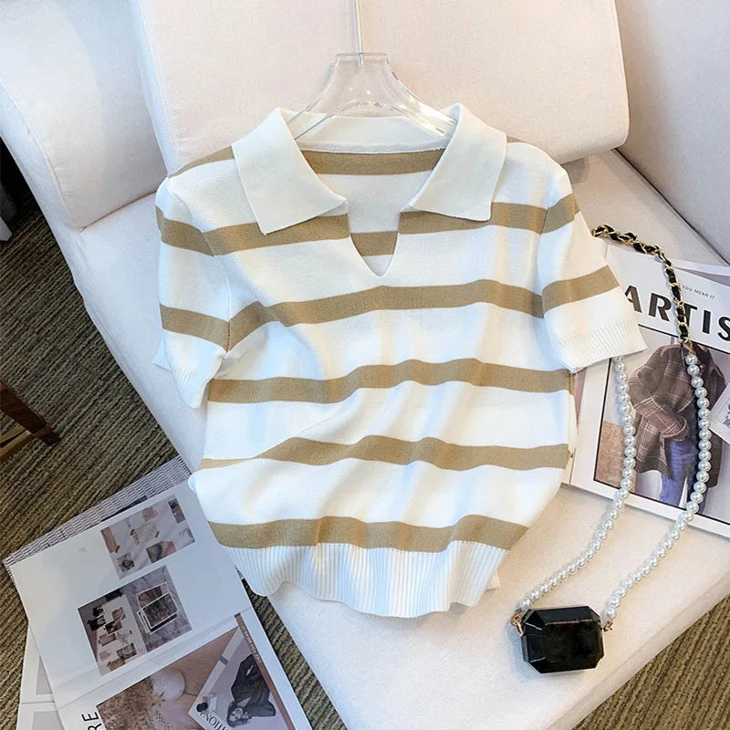 New Striped Pattern Collared Sweater Versatile Short Sleeve Knitted Top For Spring & Summer Women's Clothing Crop Top