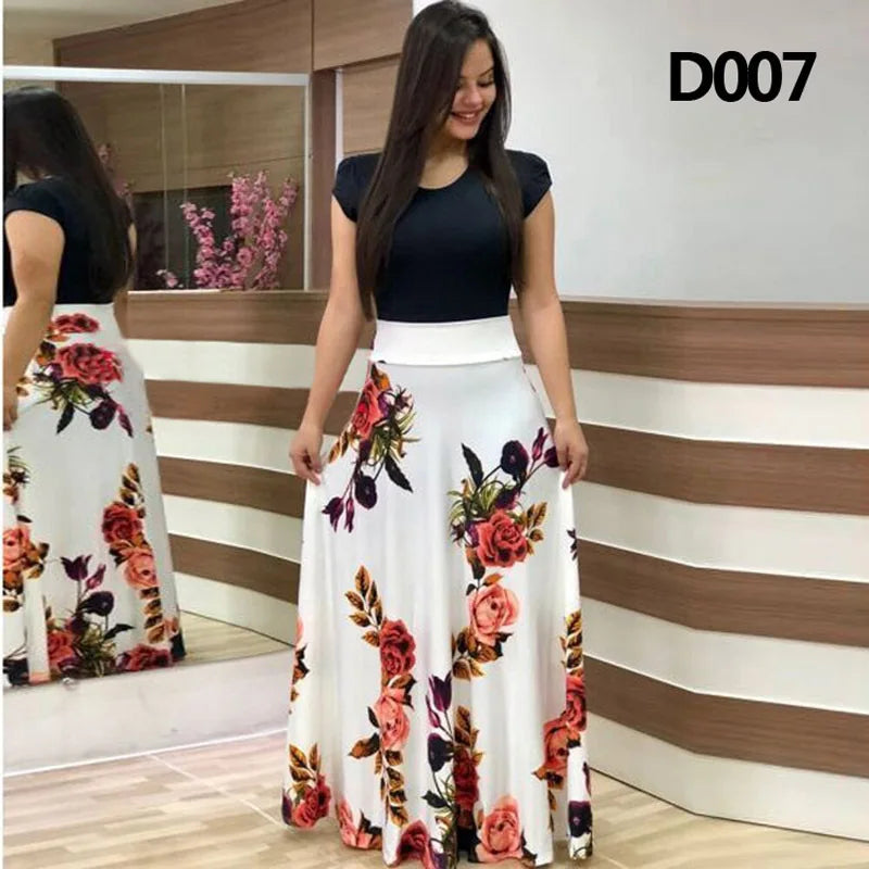 Leisure And Loose Fitting 2024 Spring/summer Fashionable Flower Print Color Blocking Short Sleeved Women's Elegant Dresses