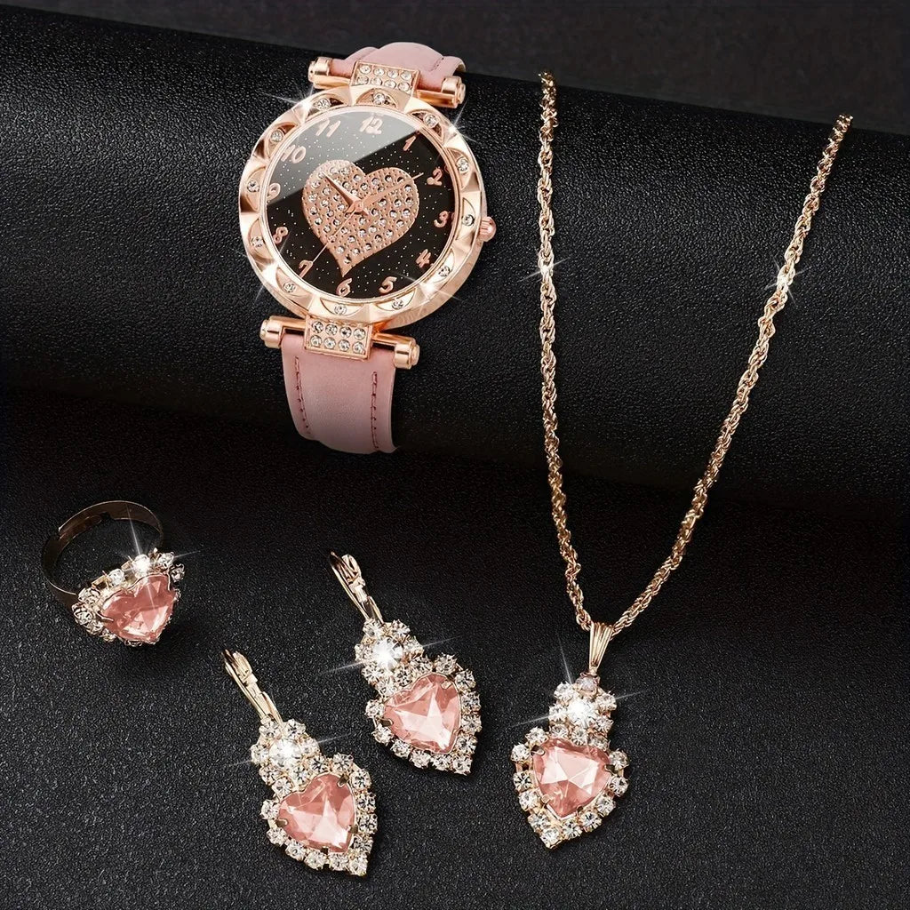 Kegllect 5PCS Women Quartz Watch Set for Gift Heart Shaped Rhinestone Accessories   Mother Her