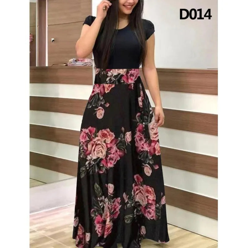 Leisure And Loose Fitting 2024 Spring/summer Fashionable Flower Print Color Blocking Short Sleeved Women's Elegant Dresses