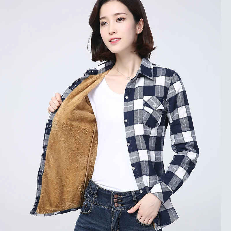 2023 Winter New Plus Thick Women's Warm Plaid Shirt Coat Lady Casual Fleece Velvet Jacket Tops Hot Women Clothes Outerwear