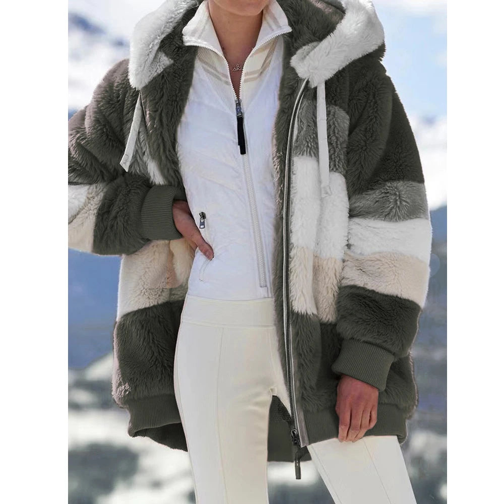 Winter Fashion Women's Coat 2024 Hooded Zipper Ladies Jacket Spliced Thick Cashmere Women Jacket Stitching Plaid Ladies Coats