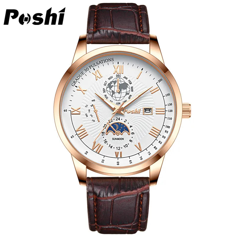 Swiss Brand POSHI Men Watch Fashion Top Luxury Sport Men's Wristwatch Waterproof Luminous Leather Date Quartz Watches Man clock