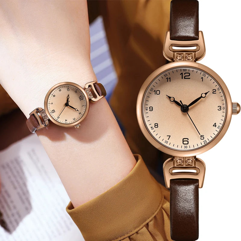 MAYZHISU Simple Women's Watches Small Round Ladies Bracelet Watch PU Leather Thin Retro Quartz Wristwatch for Women Girls Gifts