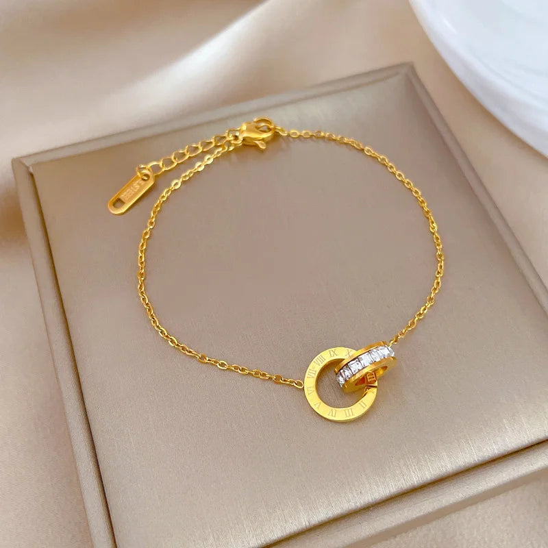 Luxury Gold Plated Stainless Steel Dazzling Zircon Bracelet for Women Girls Roman Number Design Fashion Charm Party Jewelry Gift