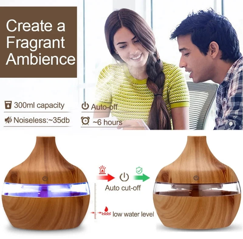 Humidifier Electric Aroma Air Diffuser Wood Ultrasonic Air Humidifier Essential Oil Aromatherapy Cool Mist Maker For Home 300ml